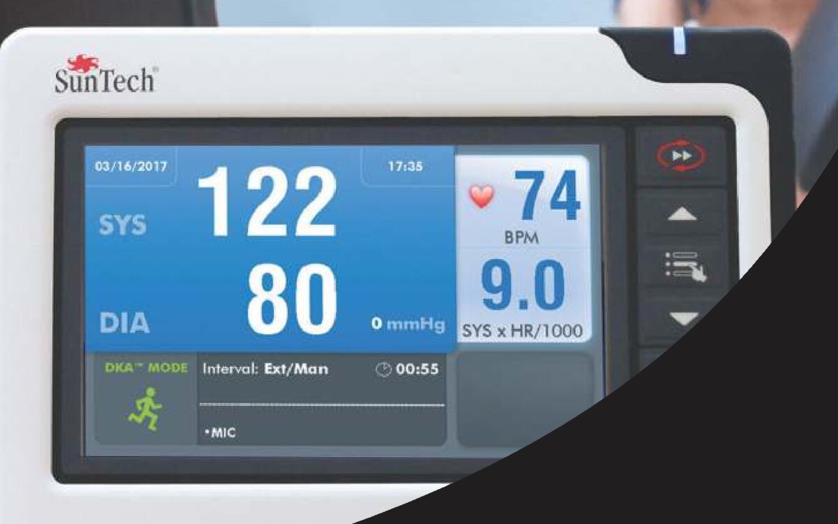 SunTech Tango M2 stress blood pressure monitor showing systolic and diastolic readings
